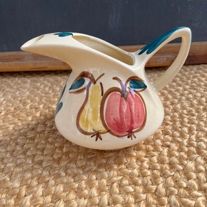 Vintage Purinton Pitcher, Apple Pear Fruit Pattern, Yellow Slipware, Hand Painted Fruit Pattern Pottery