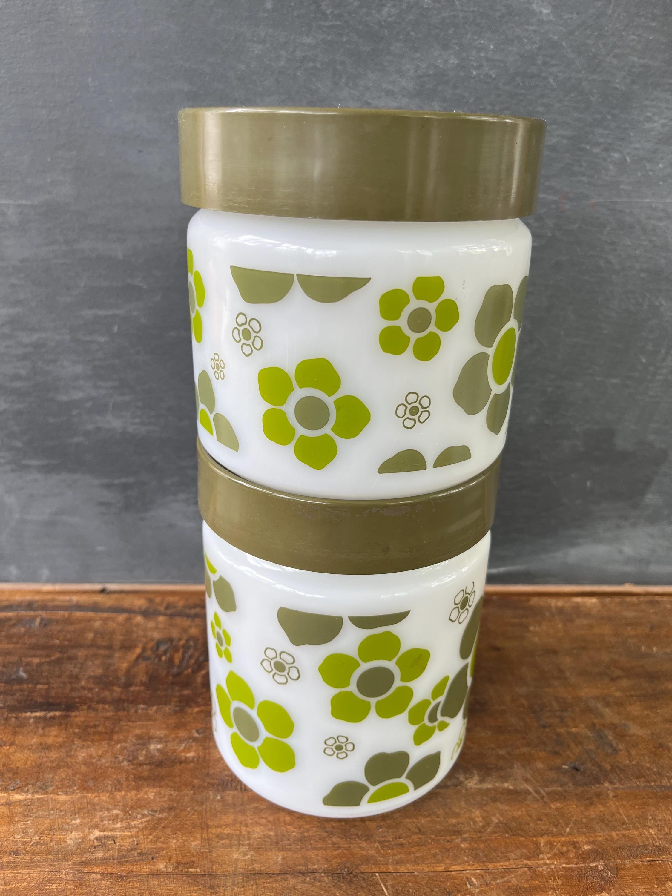 Vintage Anchor Hocking Crazy Daisy Milk Glass Canister Set, Green