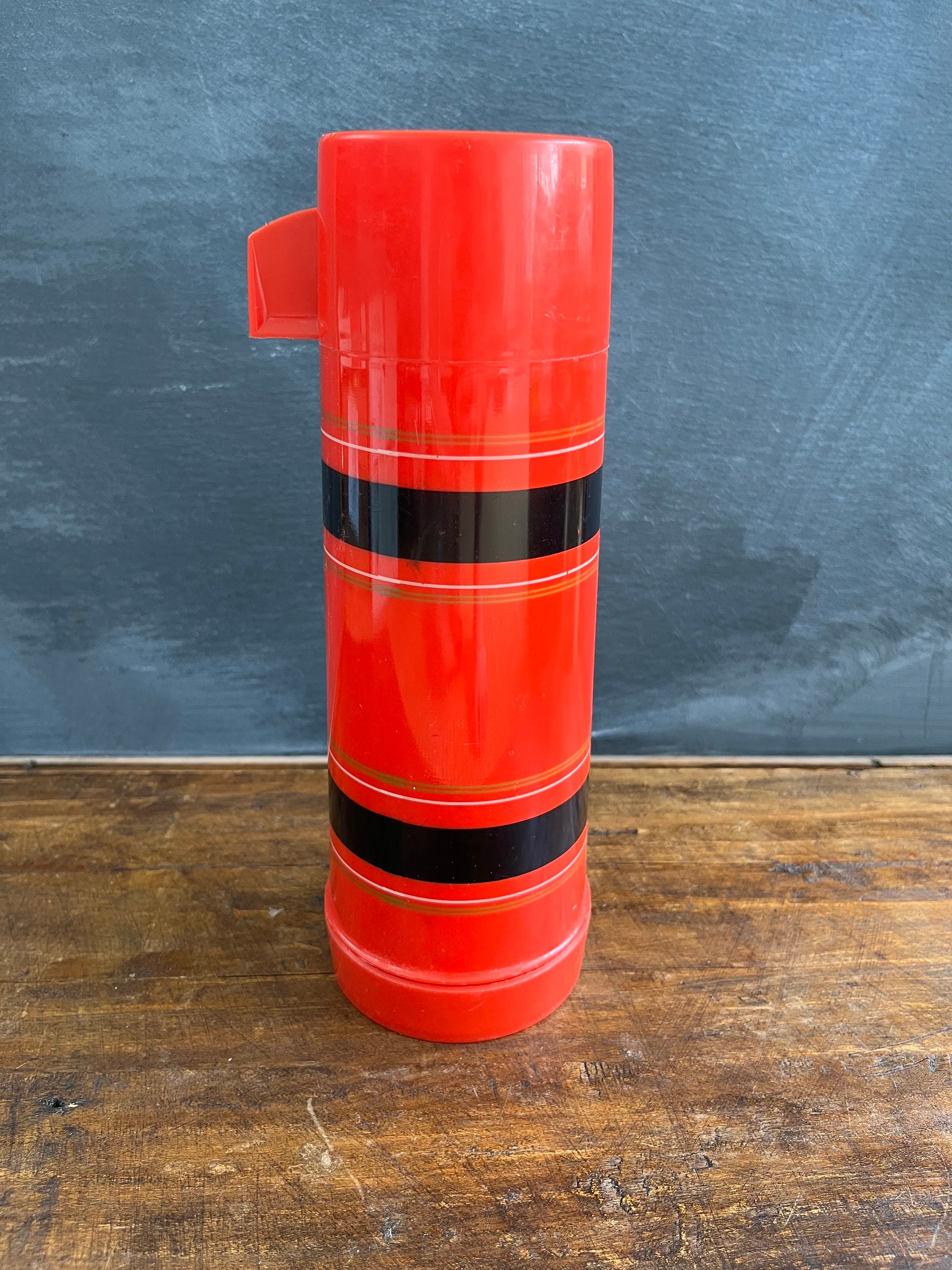 Vintage Striped Thermos With Cork and Stackable Cups 