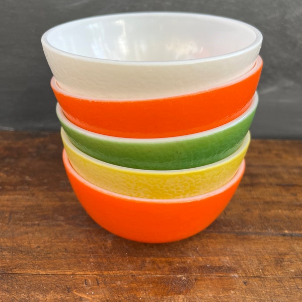 Vintage Hazel Atlas Milk Glass Bowls, Peel Pebble Texture, Cereal Bowls, Soup Bowls, Orange Green Yellow White