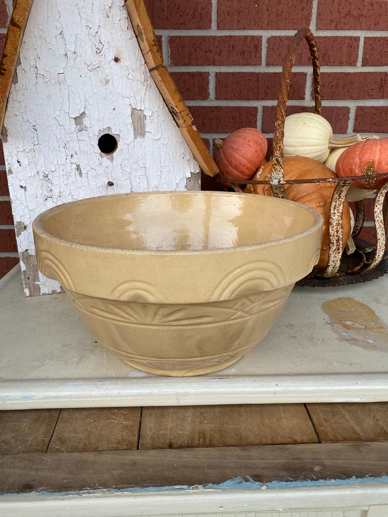 Vintage Large Roseville Yellow Ware 12” Bowl, Embossed, Stoneware Bowl, Mixing Bowl, Farmhouse Kitchen