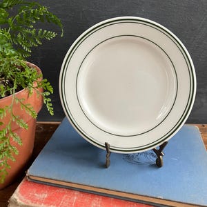 May include: A white plate with a dark green border and trim, displayed on a small metal stand. The plate is set against a backdrop of old books and a potted fern. The plate is approximately 9 inches in diameter.