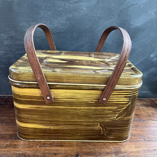 Vintage Metal Hamper Basket, Picnic Basket, Faux Bois, Wood Grain, Wood Handles