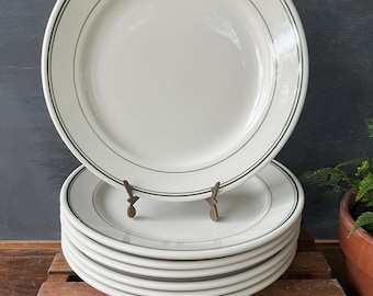 Vintage Homer Laughlin China Green Band Rolled Edge Dinner Plate, 9.5”, Heavy and Durable, Triple Green Stripe, Restaurant Ware, Diner Ware