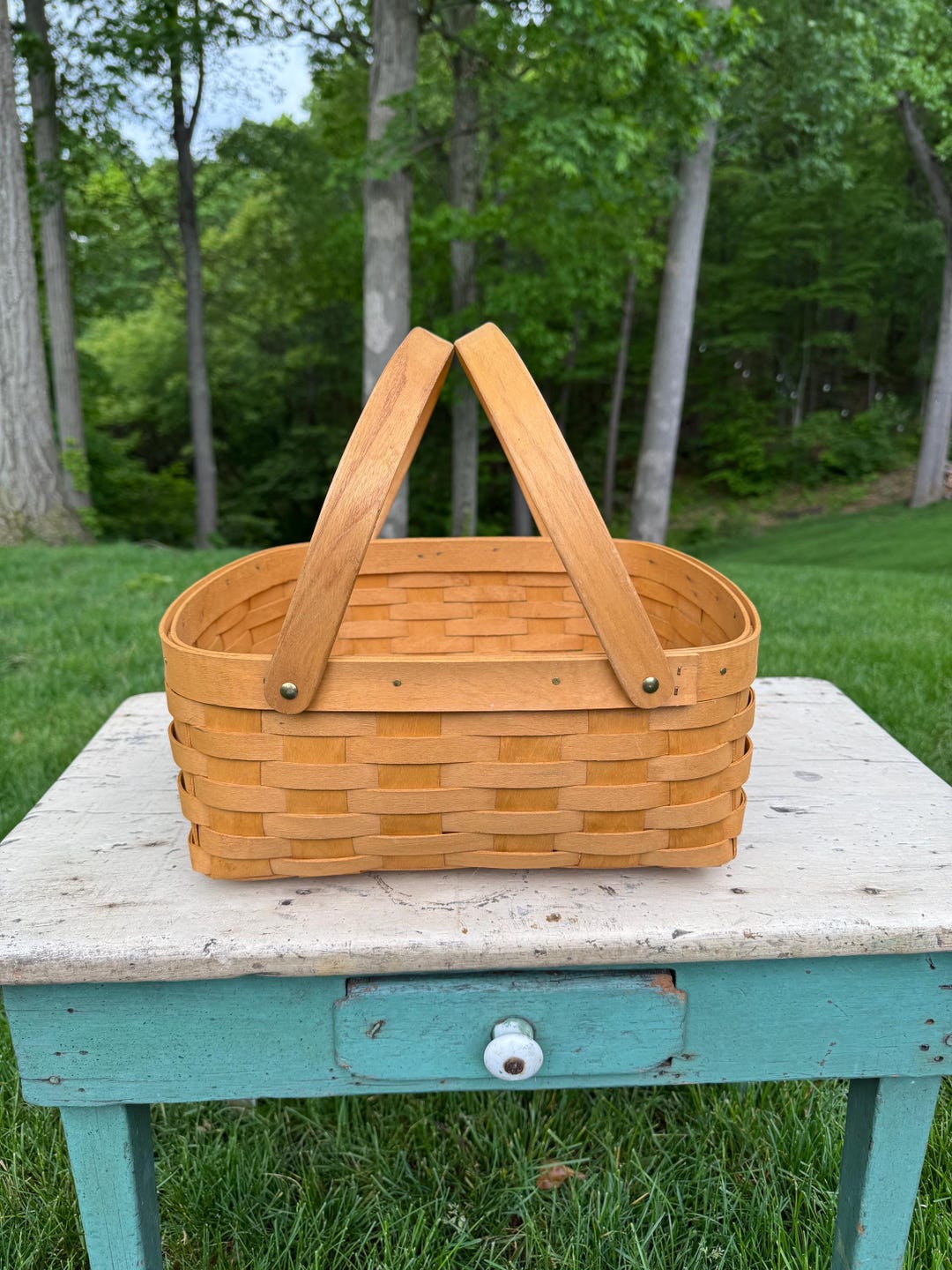 Vintage Wooden Slat Square Basket, Splint Wood Woven Market Basket ...