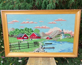 Vintage Needlepoint Embroidered Scandinavian Village Waterfront Scene, Scalloped Woode Frame