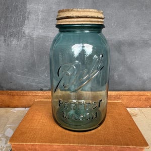 Vintage Ball Perfect Mason Blue Glass Canning Jar with Zinc Lid, Fruit Jar, Preserves, Quart Size, 1910-1923