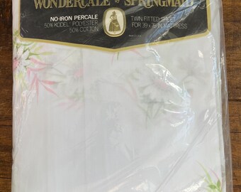 Vintage Wondercale by Springmaid Floral Twin Fitted Sheet, White, Pink and Green, New in Package, NOS, Vintage Linens