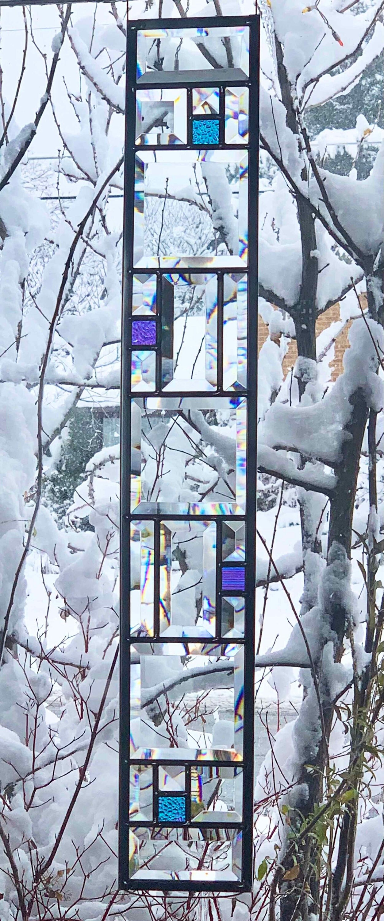 28.75”x4.5” Beveled leaded stained glass dichroic rainbow hanging panel traditional came