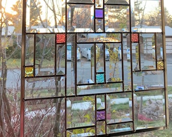 Custom beveled leaded stained glass with magical dichroic color pops! hanging panel traditional came. 14.5&quot;x15.5&quot; Choose your colors