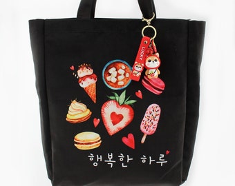 Large Black Korean Tote Bag Ice Cream Dessert Kpop with Red Strawberry Shiba Keychain