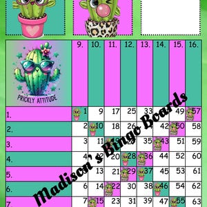 May include: A colorful bingo board featuring cartoon cacti with sunglasses, bows, and bandanas. The board has pink and teal columns with numbers and small cactus illustrations. The text "Madison's Bingo Boards" is visible.