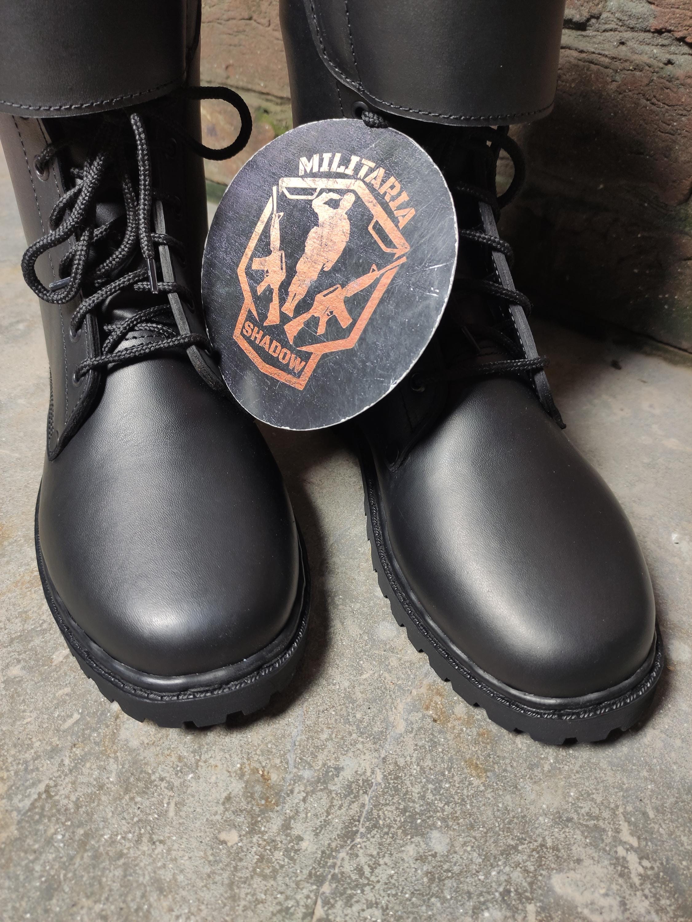 French Action Leather Combat Boots: Matte Black Buckle Boots