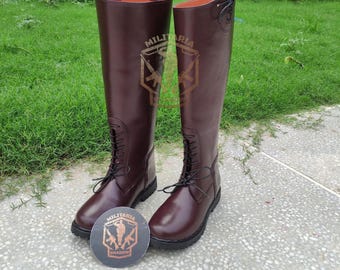 Handmade Brownish-Red Long Leather Boots | Round Toe Lace-Up with Rubber Sole