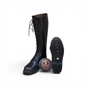 Handmade Black Leather Boot | Military-Style Tall Lace-Up | Rubber Sole Vintage Boot image 8