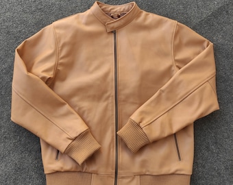 Custom Men's Sheepskin Leather Jacket: Knitted Banned Collar Fashion