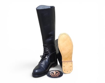 Handmade Black Leather Officer-Style Field Boots | Vintage Pointed-Toe Tall Boot