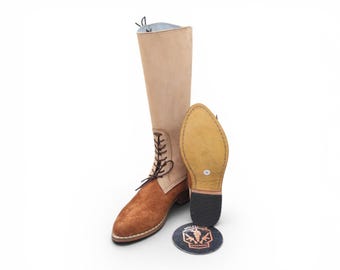 Handmade Beige Leather Long Boots | Pointed Toe Lace-Up