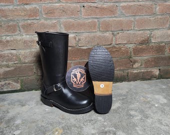 Handmade Black Leather Engineer Boot, Vintage Motorcycle Biker Boot