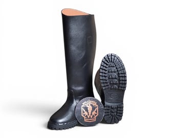 Handmade Black Tall Round Toe Leather Boots with Durable Rubber Sole