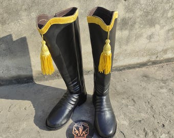 Custom Hessian Boots with Leather Sole And Hobnails – Military Style with Gold Trim & Tassels