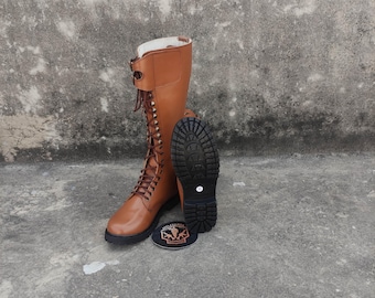 Handmade Double Buckle Leather Boot | Military-Style Tall Combat Lace-Up | Vintage Parade Boot