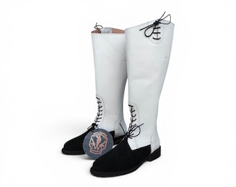 Handmade Leather Long Boots | Pointed Toe Lace-Up, White & Black
