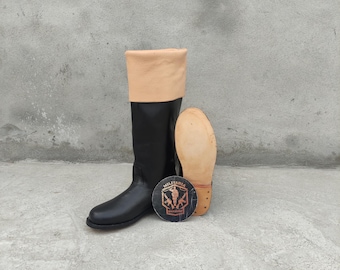 Handmade Black Leather Riding Boots: Revolutionary War Style Natural Top