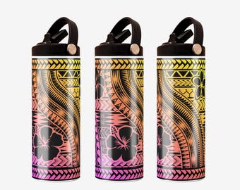 Tribal Tattoo Pattern Island Vibes Tumblers, Pink Gradient, Hibiscus Plumeria, Customizable Water Bottle, Stainless 20oz, Flower Lover Gift
