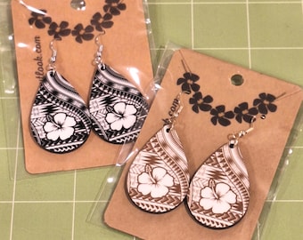 Hibiscus Tribal Earrings, Pacific Islander Earrings, Teardrop, Hawaii Flower Earrings, Luau Party, Tropical Flower
