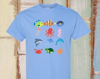 Sea animal Shirt, Sea creatures Shirt, Fish Shirt, dolphin shirt, shark tshirt, jellyfish Shirt, sting ray shirt, turtle Shirt, crab shirt