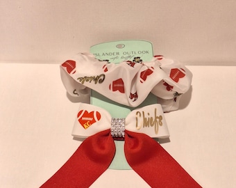 Kansas City Hair Bows Set, Chiefs Scrunchie, Chiefs hairbows for girls, Chiefs hairbows for women, Bling Kansas City hair bow, KC Hairbows