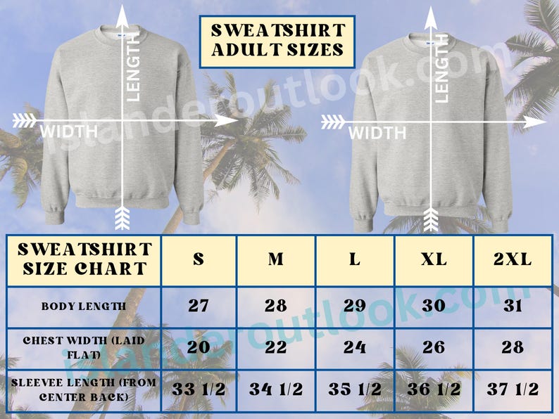 May include: A light gray sweatshirt with a size chart. The chart displays measurements for body length, chest width, and sleeve length in inches for sizes S, M, L, XL, and 2XL. The text "SWEATSHIRT ADULT SIZES" is at the top.