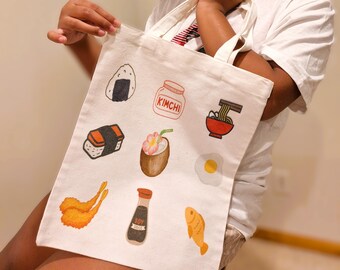Bolsa de tela, amante de la comida asiática, comida de las islas del Pacífico, bolsa de tela para viajes gastronómicos, bolsa pequeña para supermercado, bolsa de tela hawaiana, kimchi, bolsa de musubi de spam, amante de la comida