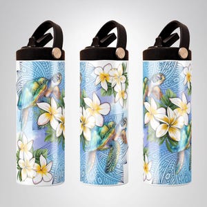Havssköldpadda-tumbler, Hawaii rostfri vattenflaska, vit plumeria, Turtle Beach Lover Island-flickpresent, 20oz