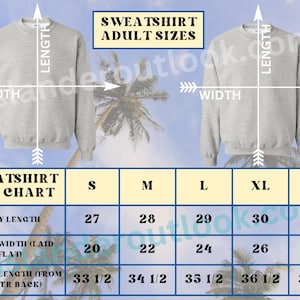 Op de afbeelding: Een maattabel voor sweatshirts, met de afmetingen in inches voor de lichaamslengte, de borstbreedte en de mouwlengte. De tabel bevat de maten S, M, L, XL en 2XL.