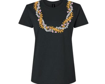 Lei Shirt, Pikake, Maile, Puakenikeni Flower Chain Print, Luau Party, Trendy Hawaii Shirt, Orange Pink White, Women's tee