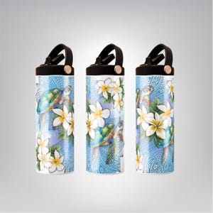 May include: Three water bottles with black lids and handles. The bottles feature a blue background with a turtle and white flowers. The design wraps around the bottles. The bottles are cylindrical and have a black handle.
