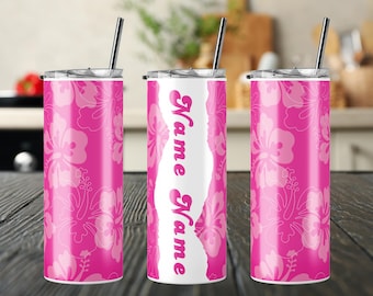 Pink Hibiscus Tumbler, Tropical Water Bottle, Personalized 20oz