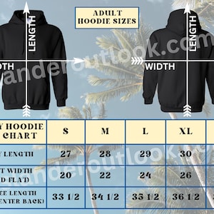 Op de afbeelding: Een maattabel voor zware hoodies in zwart met maten voor lichaamslengte, borstbreedte en mouwlengte in inches. De tabel toont de maten S, M, L, XL en 2XL.