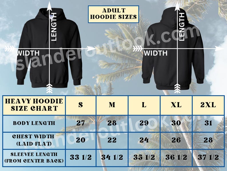 Op de afbeelding: Een maattabel voor zware hoodies in zwart met maten voor lichaamslengte, borstbreedte en mouwlengte in inches. De tabel toont de maten S, M, L, XL en 2XL.