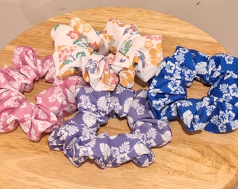 Tropical Flower Scrunchies, Plumeria flower, Hibiscus, Variety colors, Luau Party, Large Scrunchie, Island Girl Hair Tie
