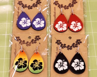 Hibiscus Earrings, Variety Colors, Teardrop, Hawaii Flower Earrings, Luau Party, Tropical Flower