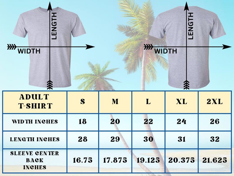 Op de afbeelding: Een tabel met de maatvoeringen voor T-shirts voor volwassenen in inches. De tabel bevat de breedte, lengte en mouwlengte vanaf de achterkant van de nek voor de maten S, M, L, XL en 2XL.