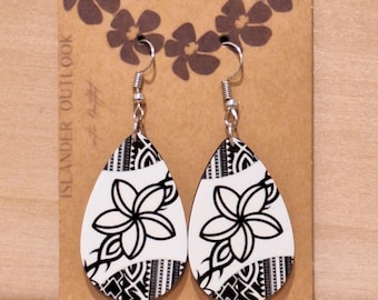 White Plumeria Teardrop Earrings, Tribal Hawaii Flower, Luau Party, Tribal tattoo earring