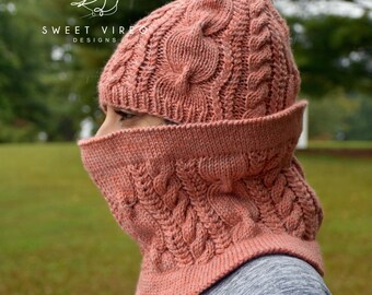 Hollofield, Cable Knit Hat and Cowl PATTERN, Worsted Weight Knit Hat, DIGITAL DOWNLOAD