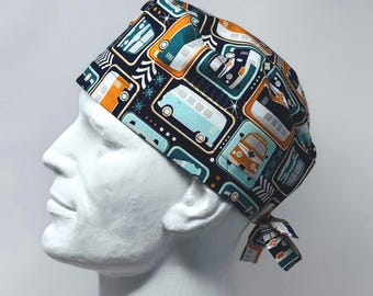 Gorro quirúrgico estilo furgoneta camper retro con lazo en la espalda, de trapo, para soldar, talla única, diseño unisex, confeccionado a mano en Canadá.