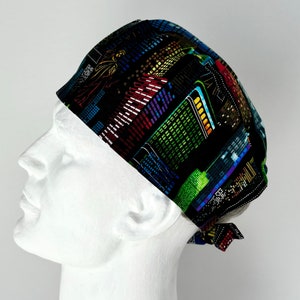 NIGHT SKYLINE Surgical Tie Back Scrub Cap, Du Rag, Welding Beanie, Motorcycle or Construction Helmet Guard, Hand Tailored in Canada