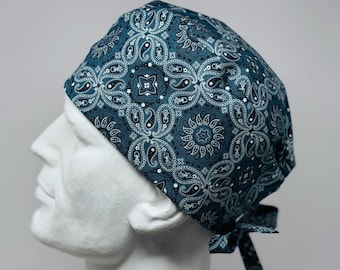 Gorro quirúrgico azul con bandana, estilo bandana, con cierre ajustable, ideal para soldadura. Talla única, diseño unisex, confeccionado a mano en Canadá.