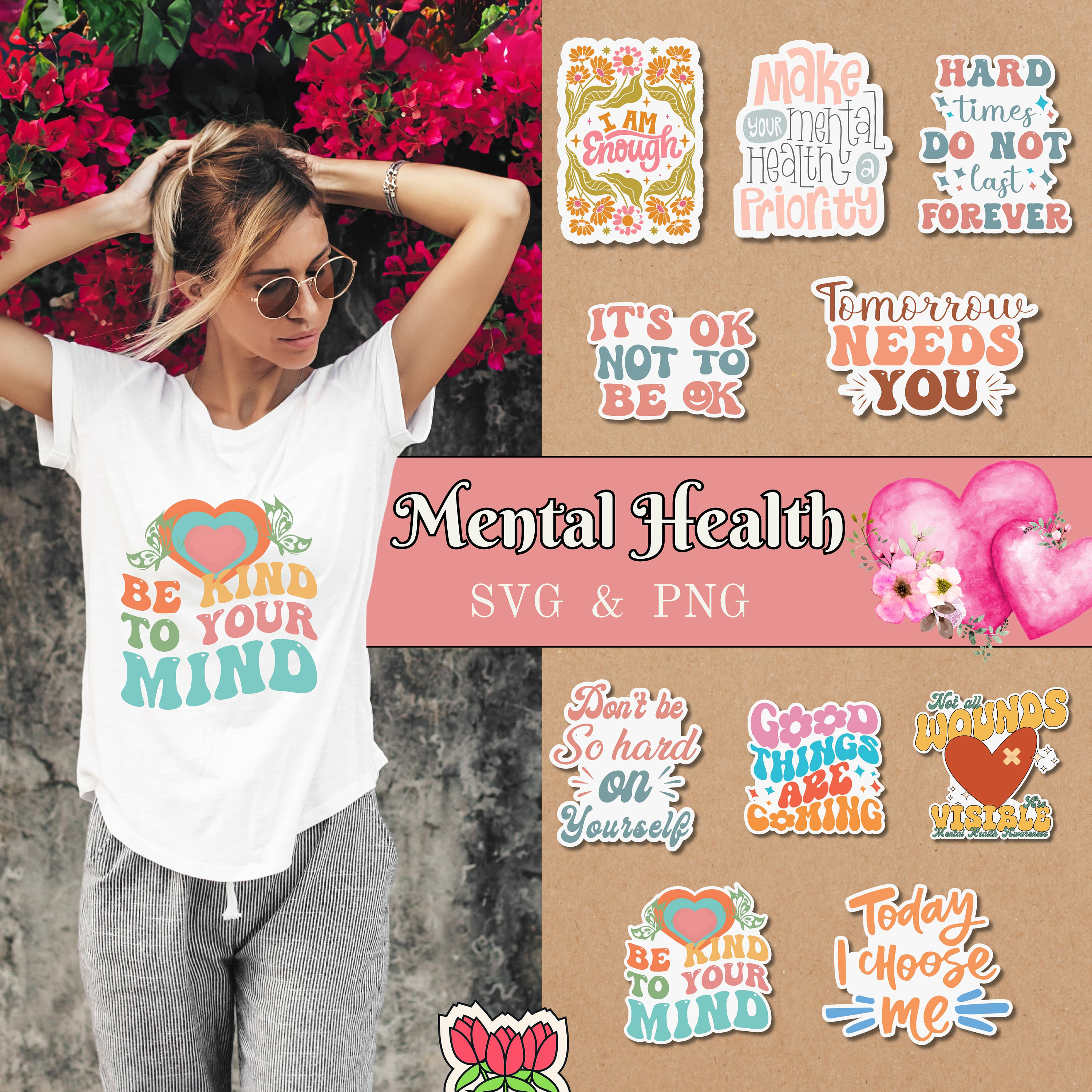 Retro Mental Health Stickers, Positive Affirmations SVG PNG (printable ...